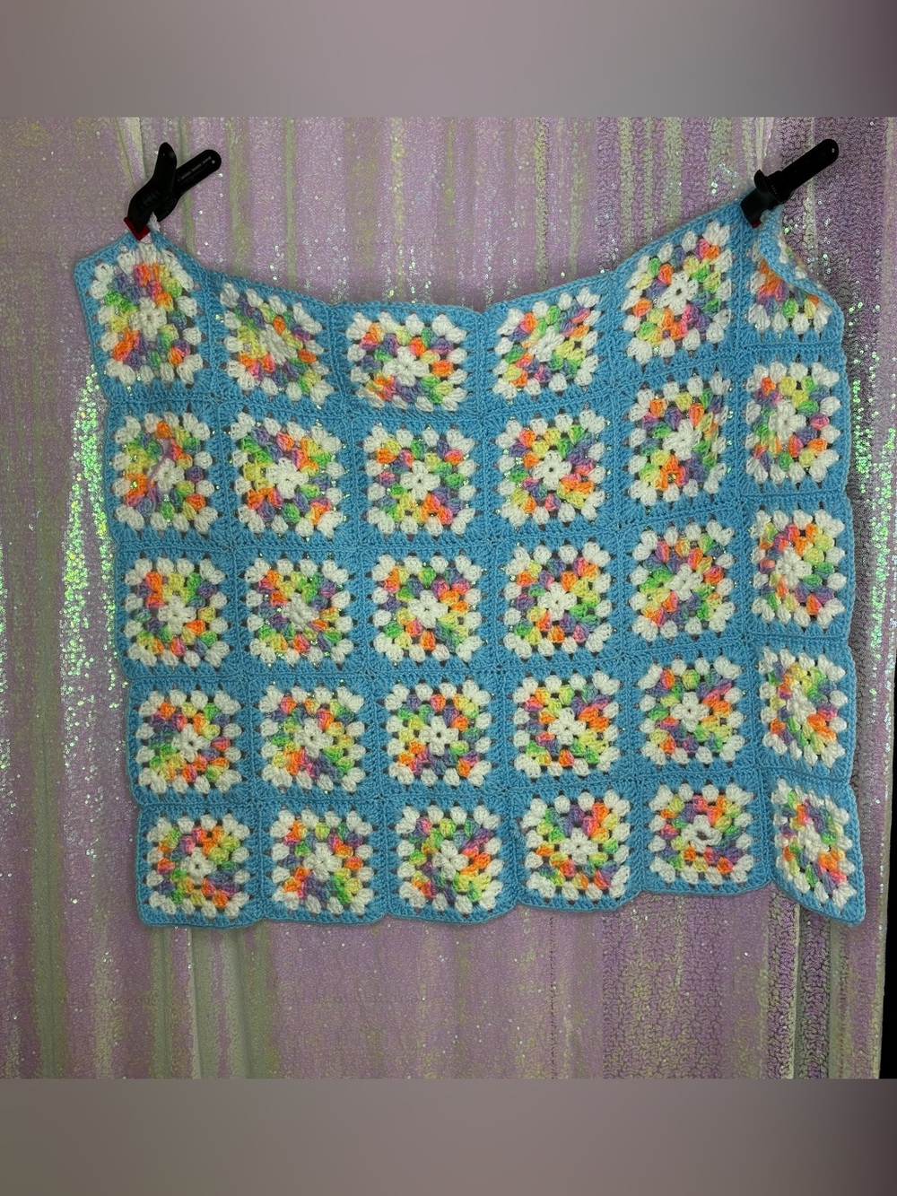 Handmade Blue Rainbow Crochet Afghan Granny Square Baby Nursery Blanket 28x32